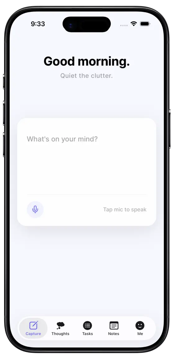Thoughts Left minimalist brain dump app dashboard previewing the user interface on iPhone